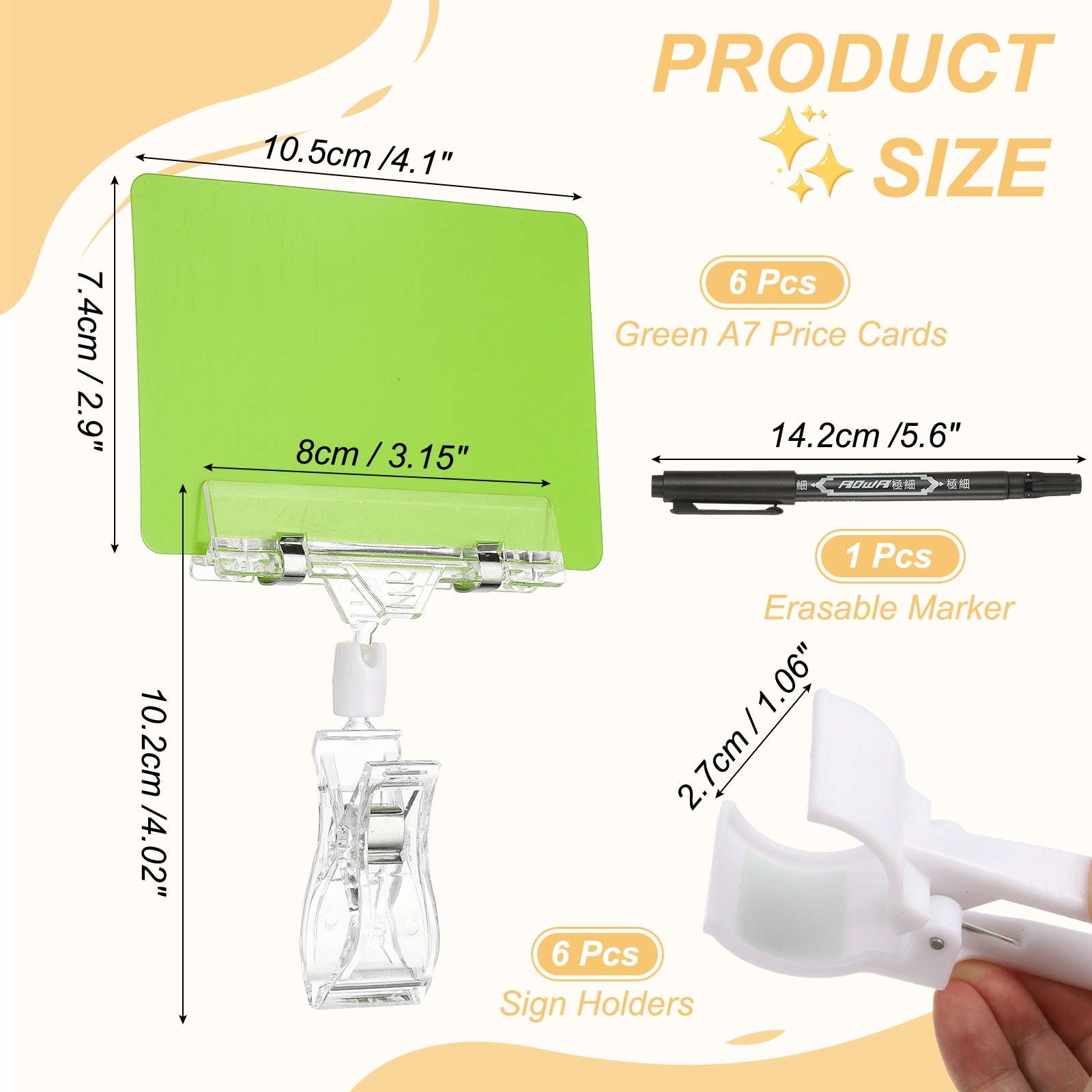 6 Pcs Sign Holders with Green A7 Plastic Cards & Erasable Marker, Transparent