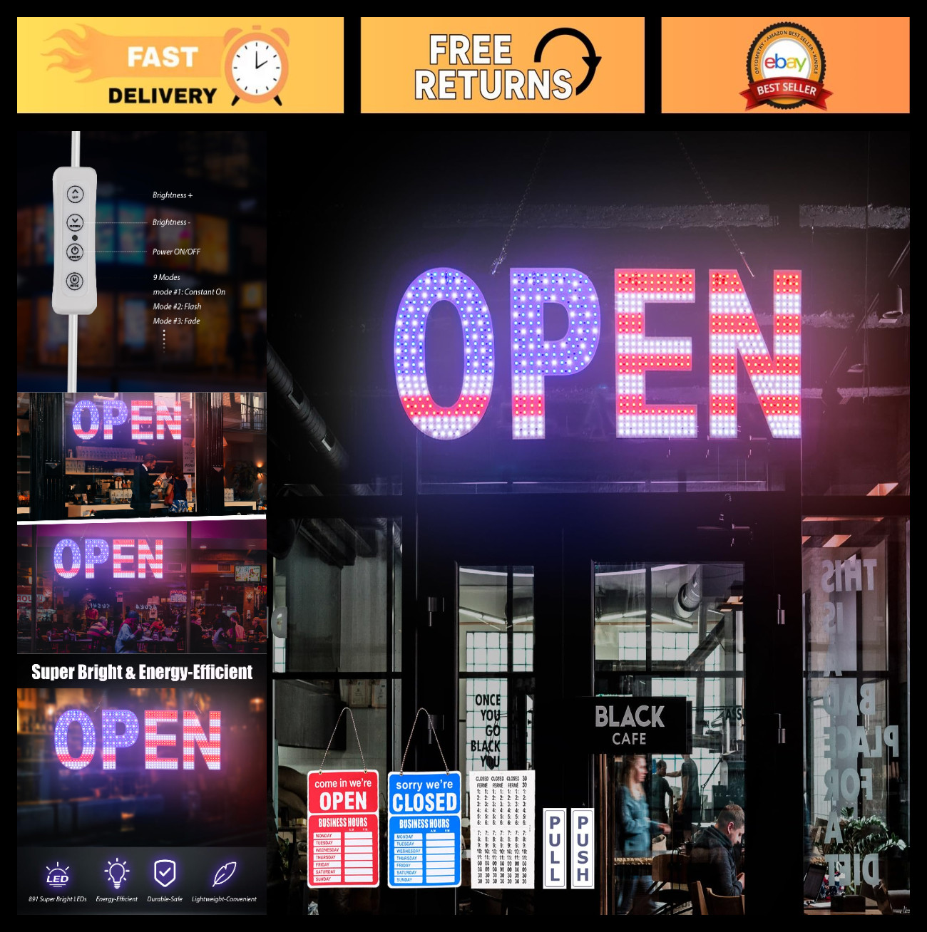 Large LED Open Sign 30×10 inch – Dimmable Bright Light, 3 Modes, Plug-In for Sto