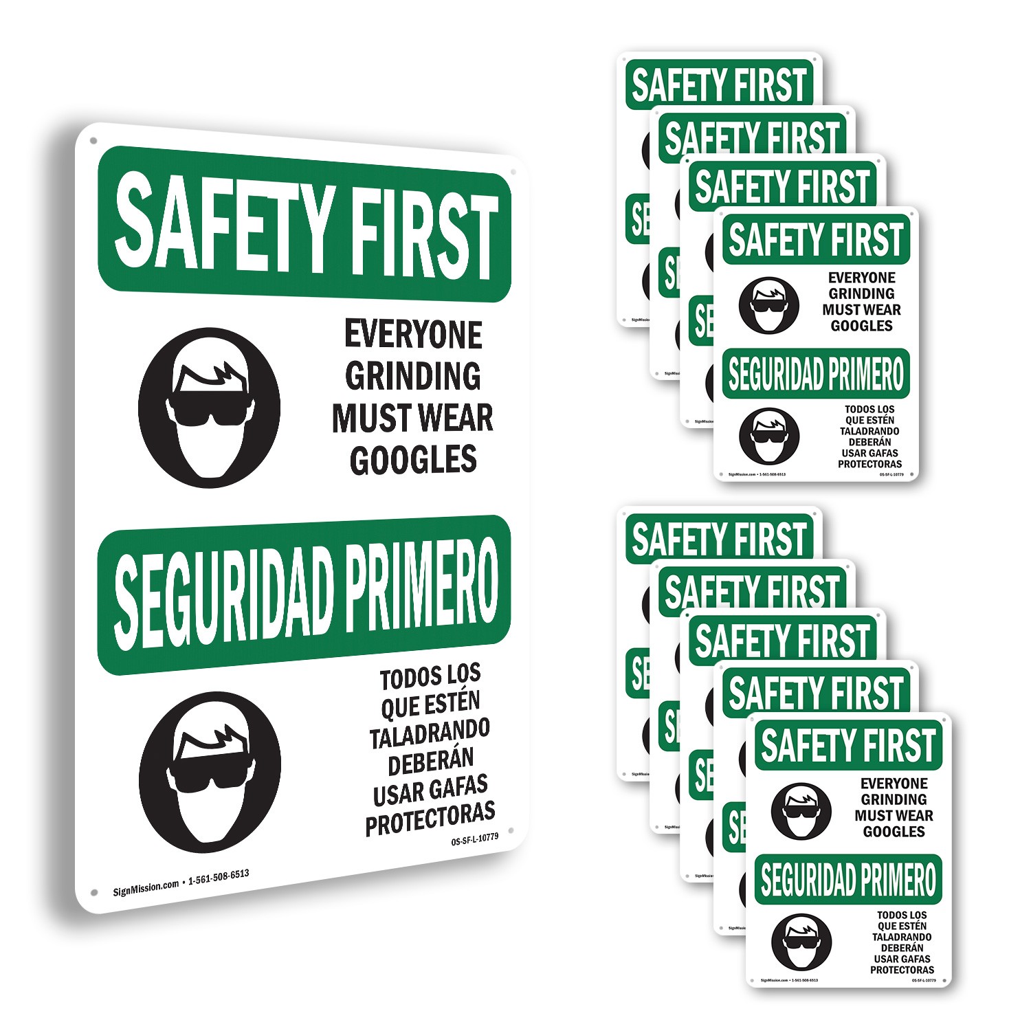 Everyone Grinding Bilingual OSHA SAFETY FIRST Sign Metal, Decal – 5 or 10 Pack