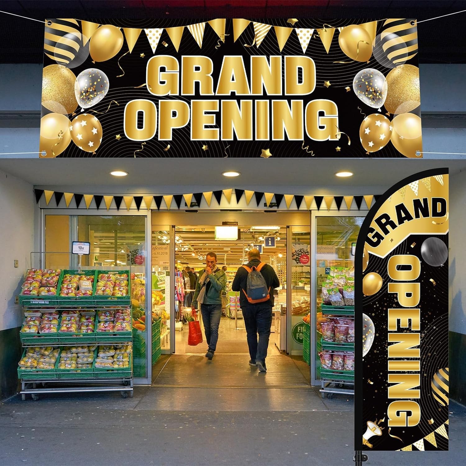 7 ft Black and Gold Grand Opening Banner with Pole Kit Advertising Feather Fl…