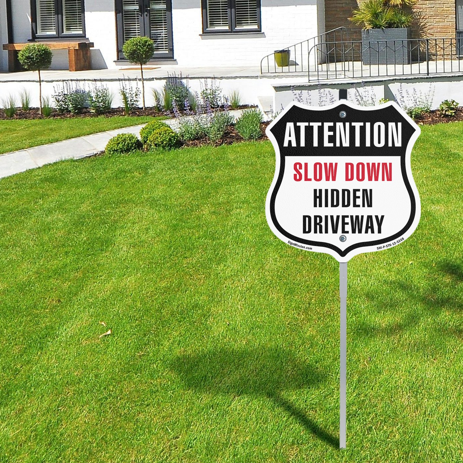 Attention Slow Down Hidden Driveway Shield Shaped Sign With Stake