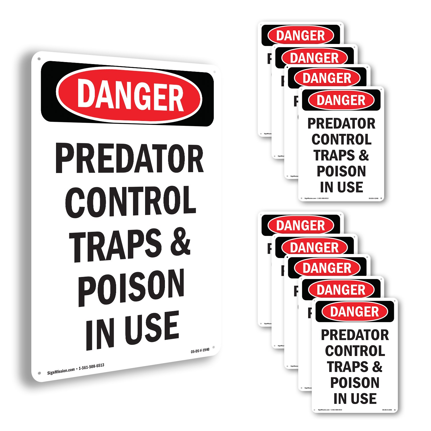 Portrait Predator Control Traps OSHA Danger Sign Metal,, Decal 5 or 10 Pack