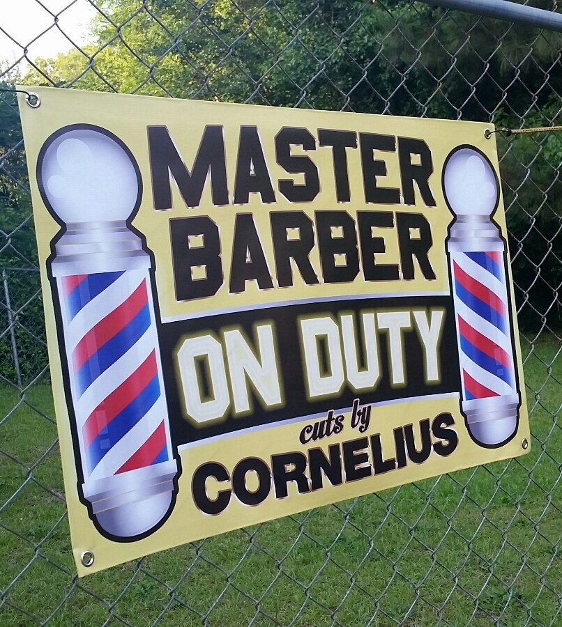 3’x2′ ***CUSTOM*** MASTER BARBER ON DUTY Poles Open Sign Banner Barbershop Salon