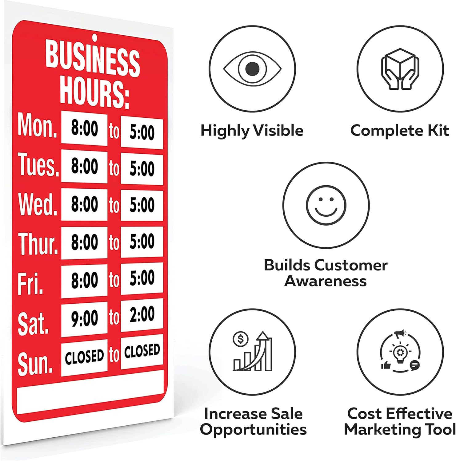 Open Signs, Business Hours Sign Kit for Glass Door or Window – Bright Red and Wh