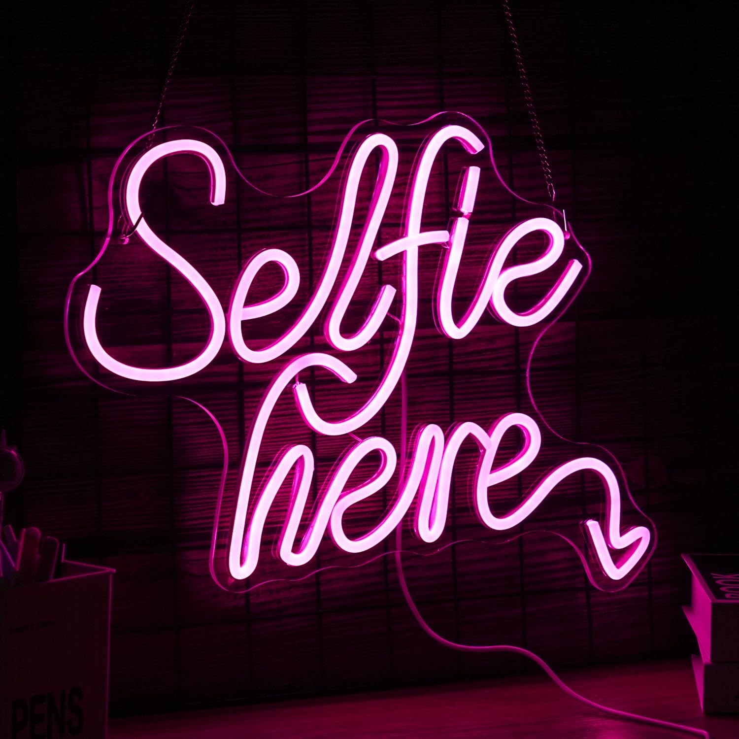 Selfie Here Neon Sign Dimmable Pink Words Light Up Sign for Wall Decor Selfie…