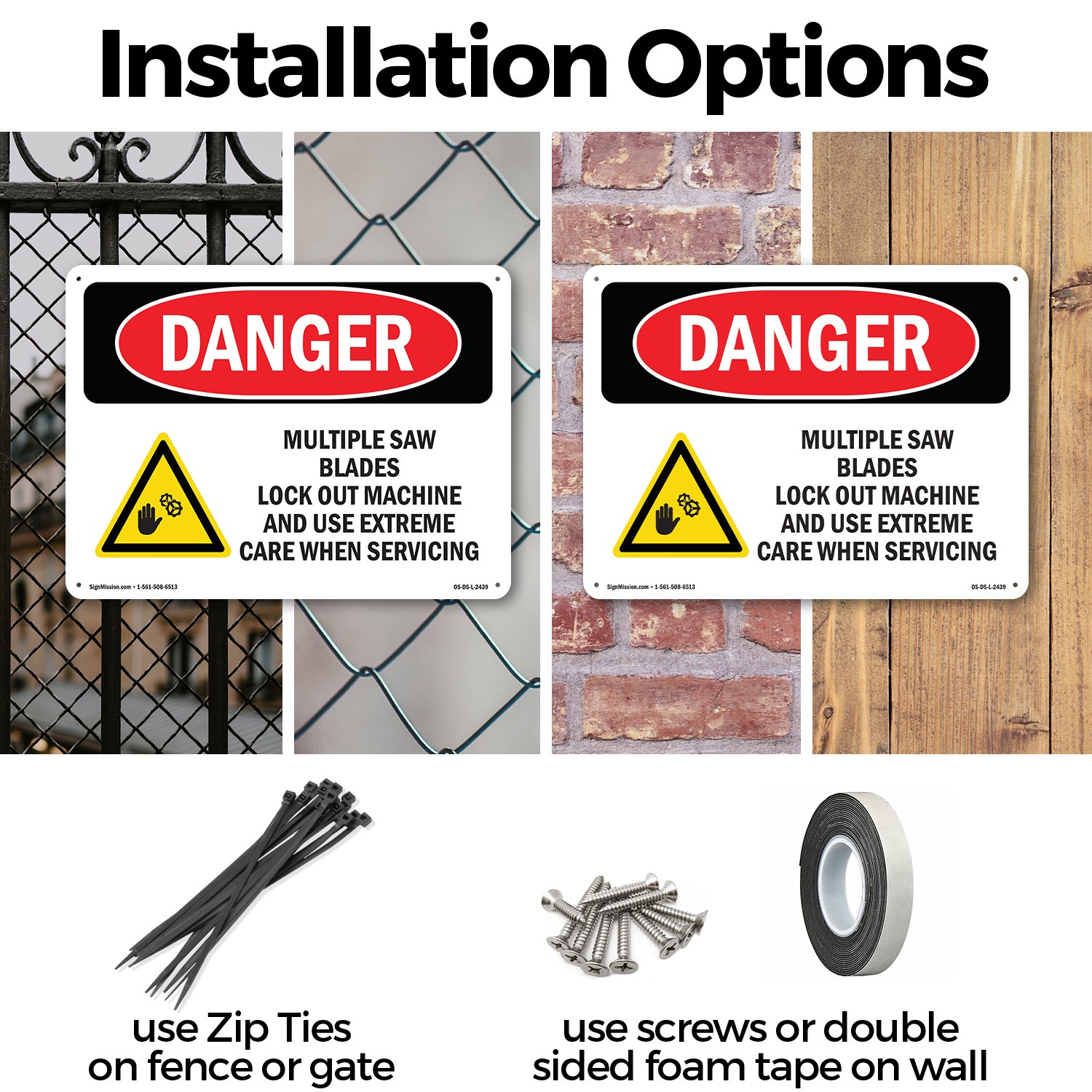 Multiple Saw Blades Lock Out OSHA Danger Sign Metal, Plastic, Decal 5 or 10 Pack