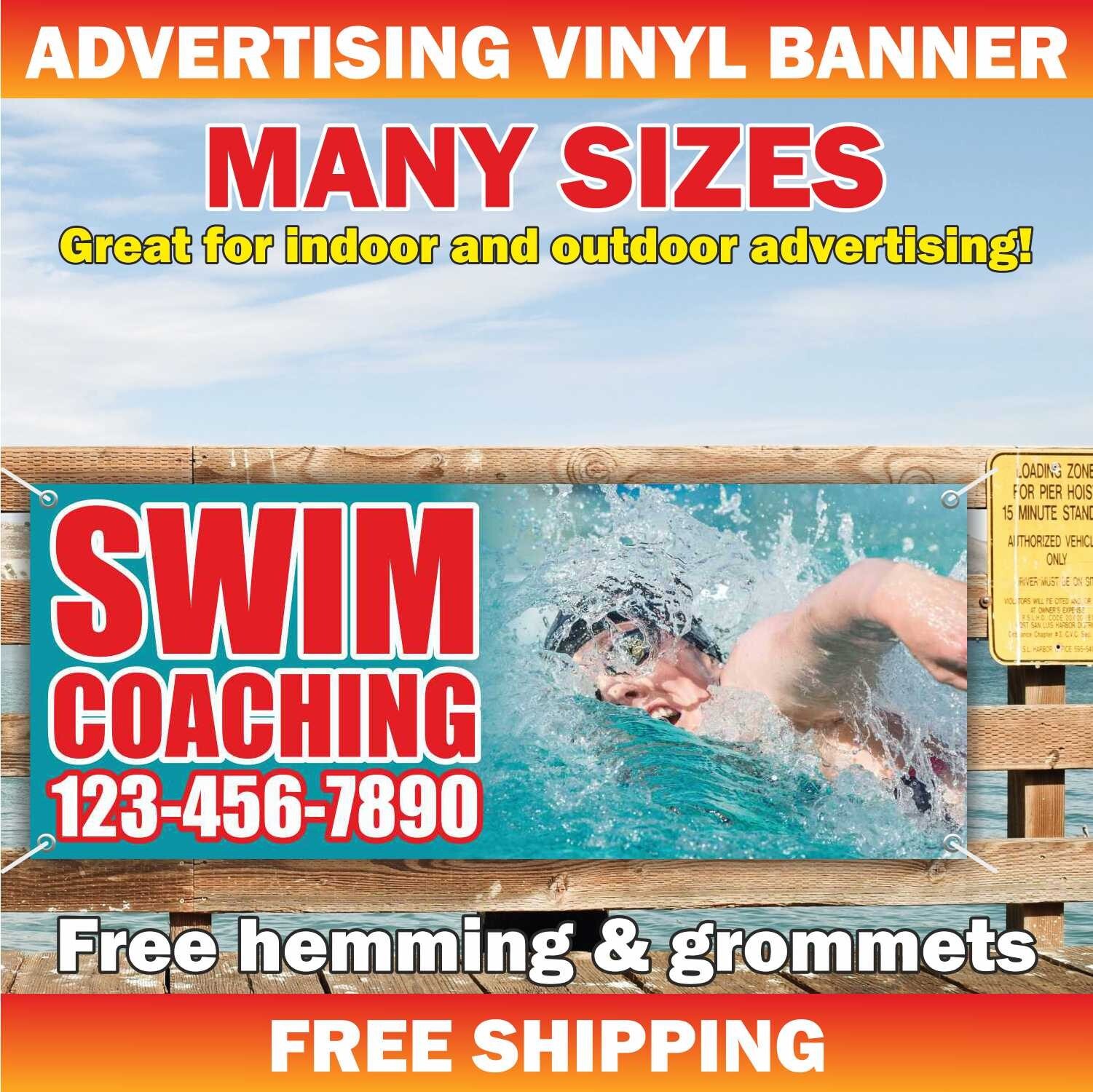 SWIM COACHING Advertising Banner Vinyl Sign Custom Phone Sport Swimming Pool