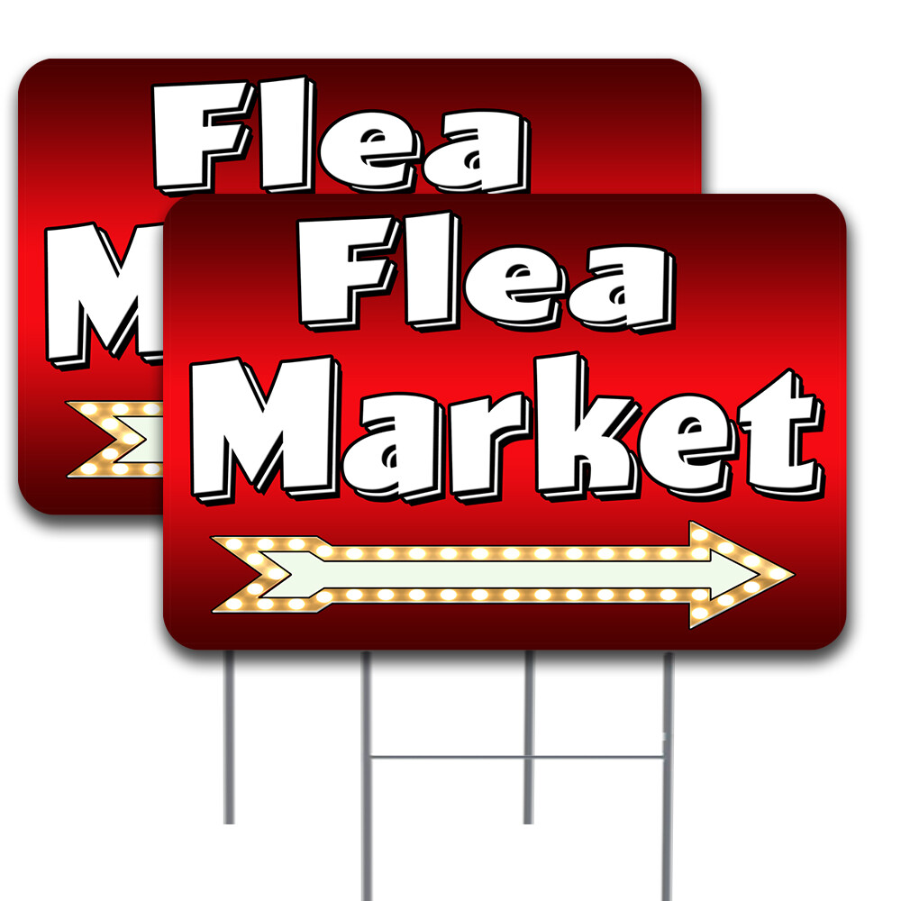 FLEA MARKET Arrow 2 Pack Double-Sided Yard Signs 16″ x 24″ with Metal Stakes (Ma