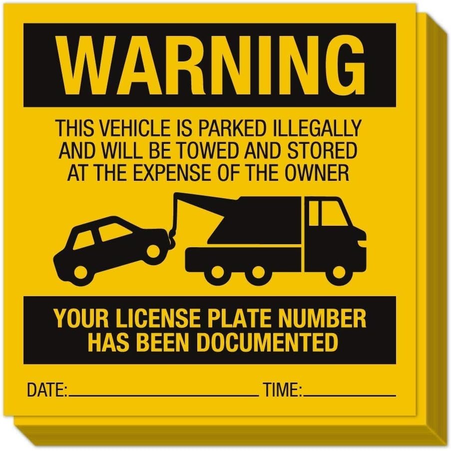 Illegally Parked Warning Stickers (Pack of 25) | Tow Away Warning Sign for Illeg