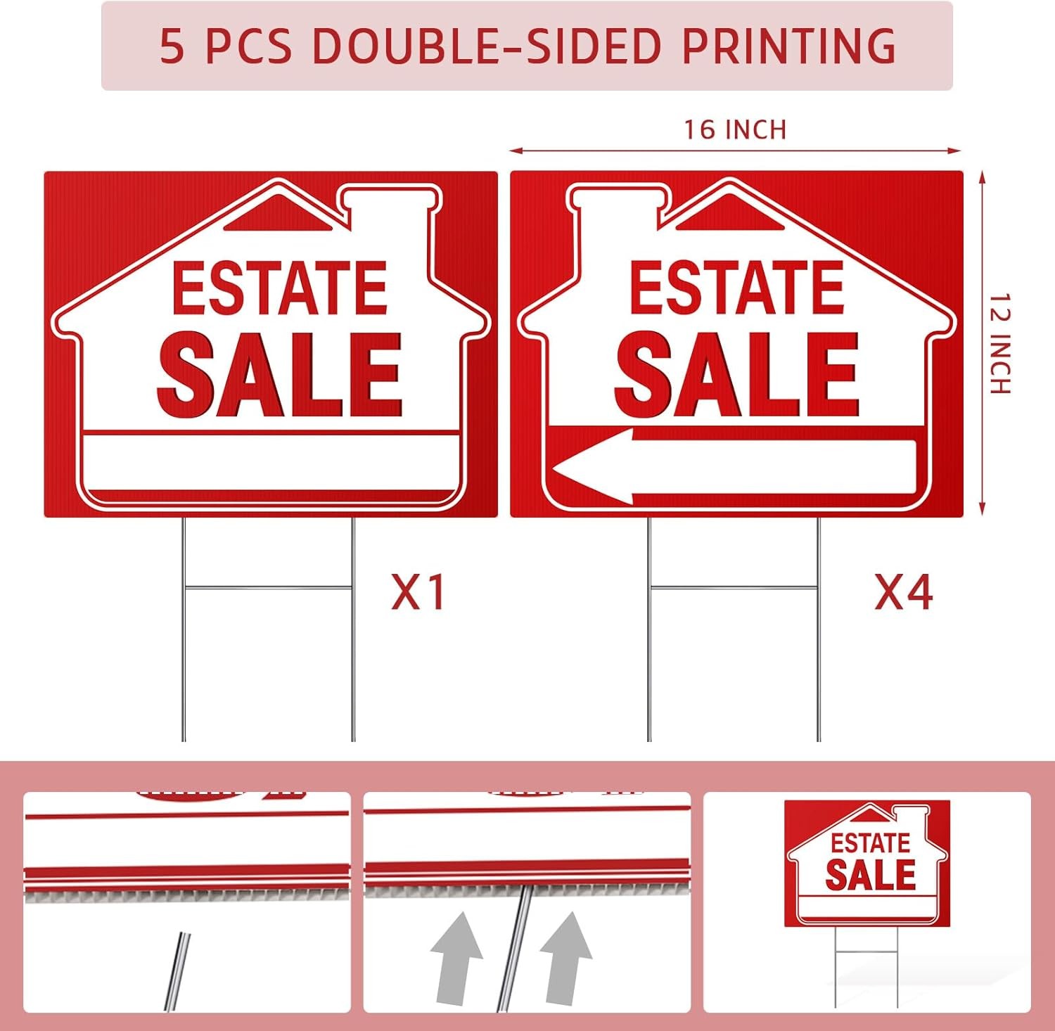 [5 Pack] Estate Sale Signs Set – 16 x 12 Inch Double-Sided Yard Signs With Arrow