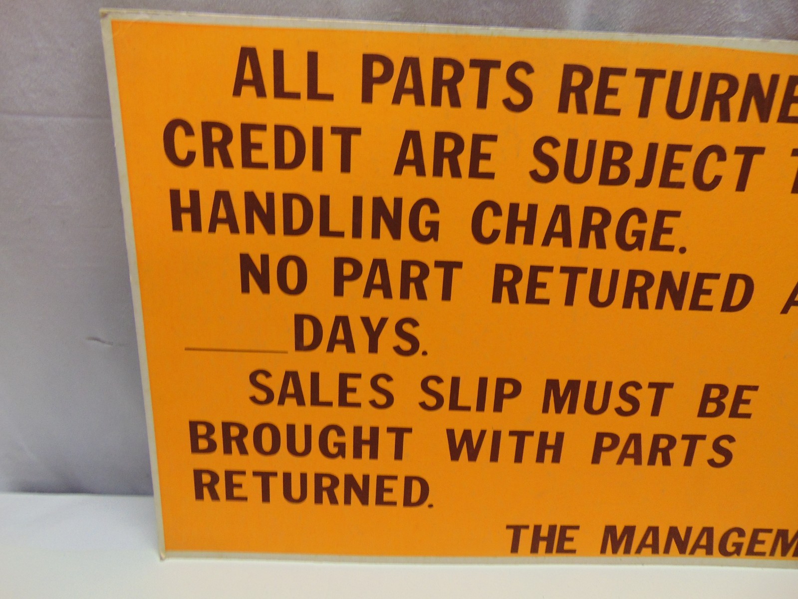 Vintage unused Neon Orange return policy cardboard display sign 22″ x 14″