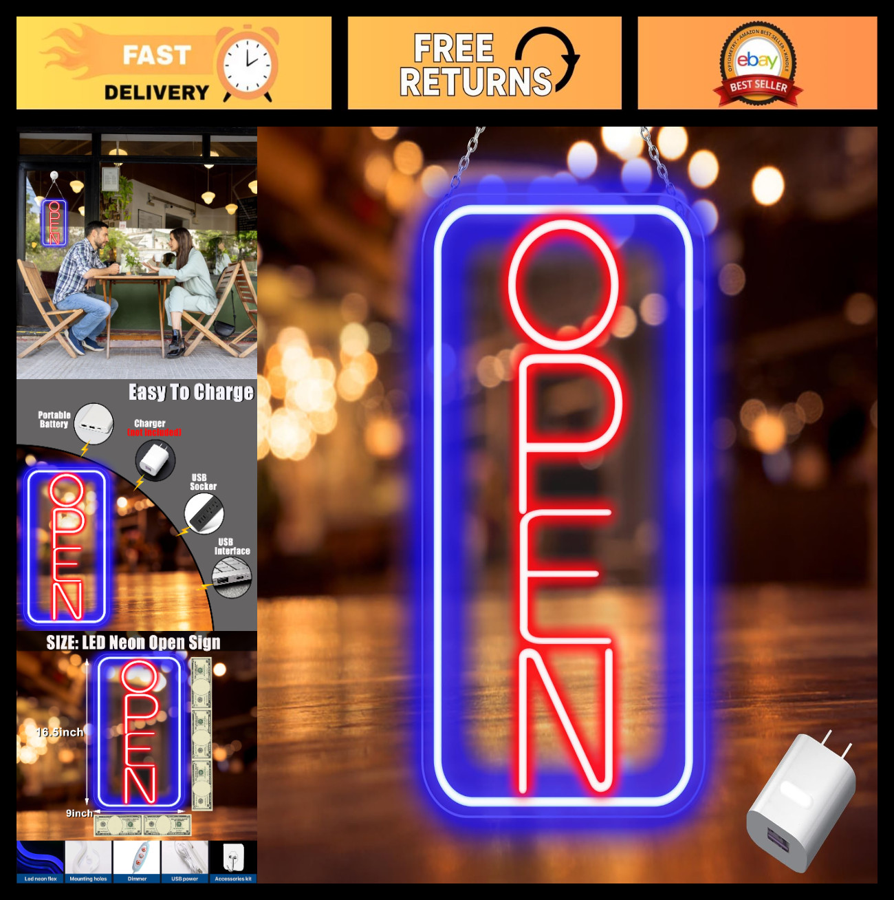 Bright LED Neon Open Sign – 16.5″x9″ Adjustable USB Powered Display for Storefro
