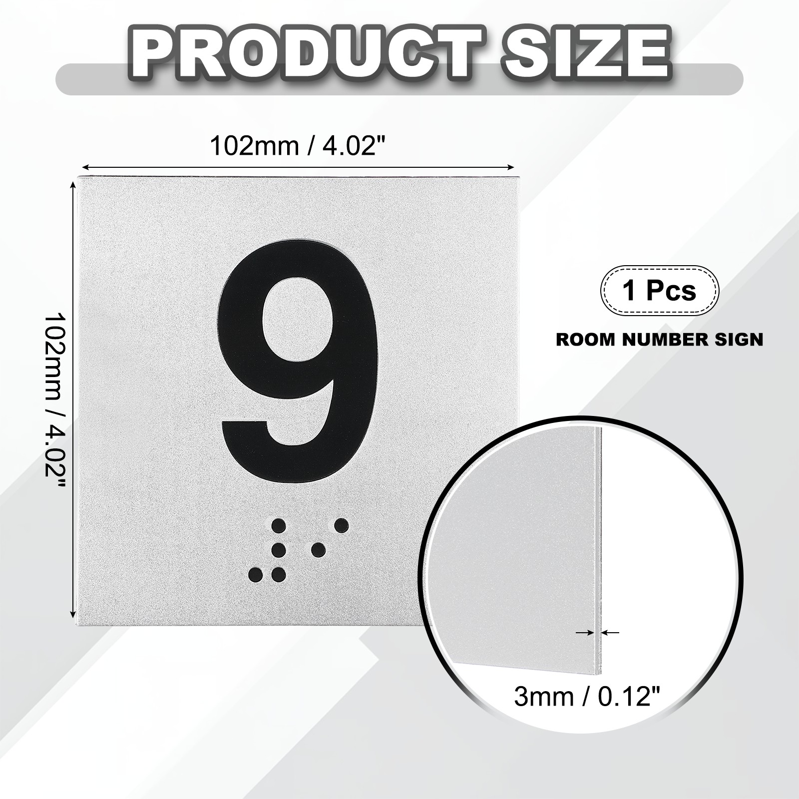 Exam Room Number Sign, 4″ x 4″ Number 9 Sign with Braille, Black on Silver