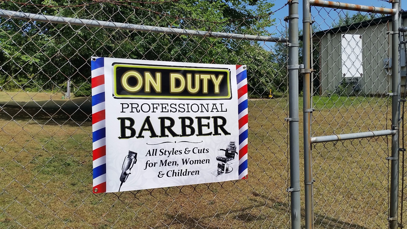 3’x2′ On Duty Barber Shop Beauty Salon Open Sign Banner Pole clipper chair vinyl