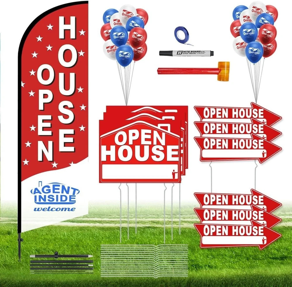 56 Piece Open House Signs for Real Estate Kit, 1 Open House Flag, 9 Double-Sided