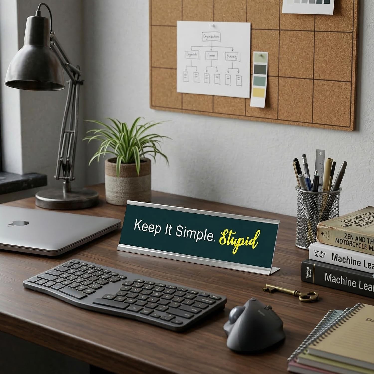 Keep it Simple, Stupid, Green Silver Frame, Desk Sign (2×8“)