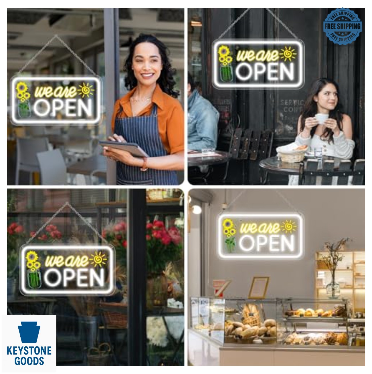 LED Neon Open Sign 16.5 Inch Business Storefront Window Light Flower Sun Design