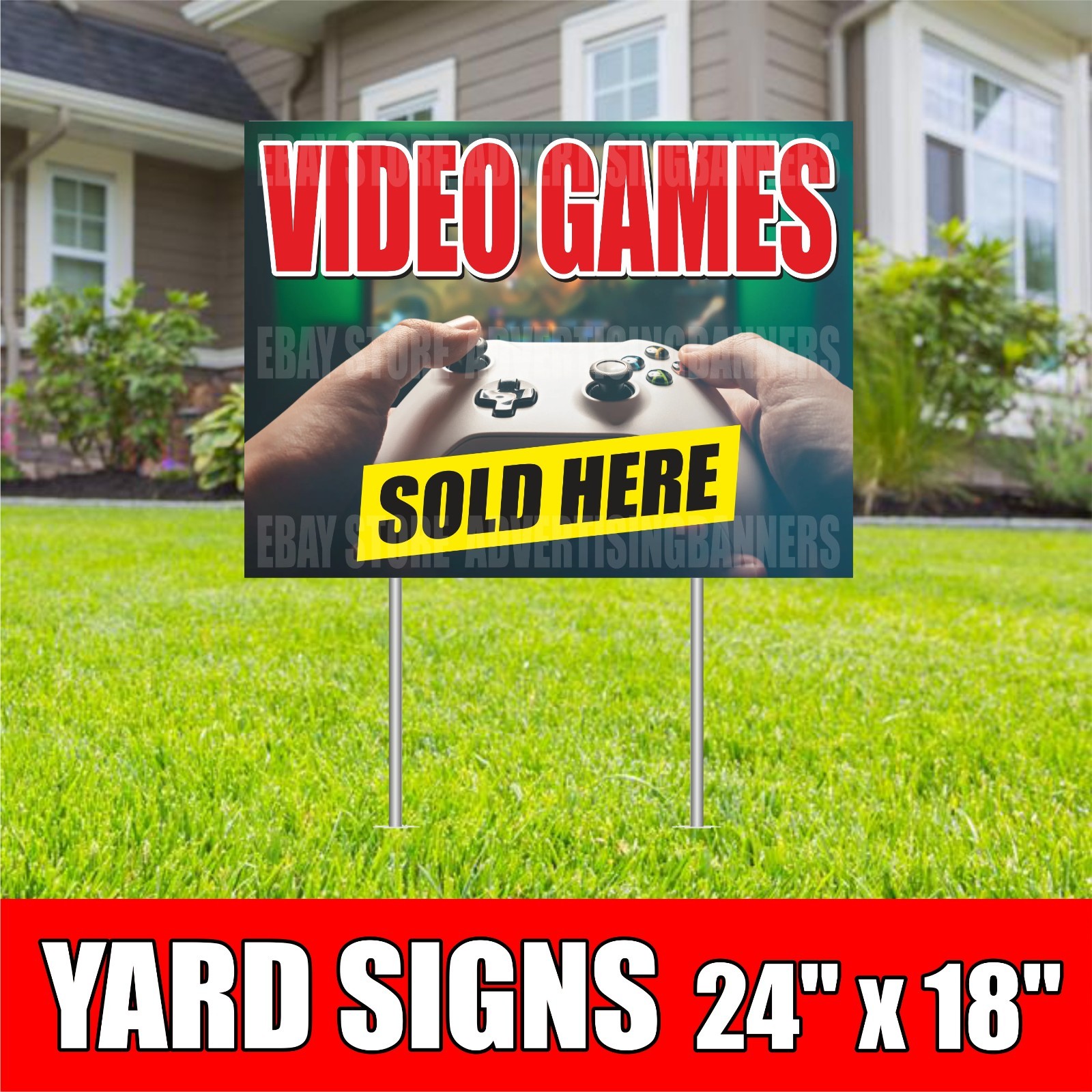 VIDEO GAMES SOLD HERE Yard Sign with H-Stakes Lawn Sign CONSOLES Buy Sell Trade