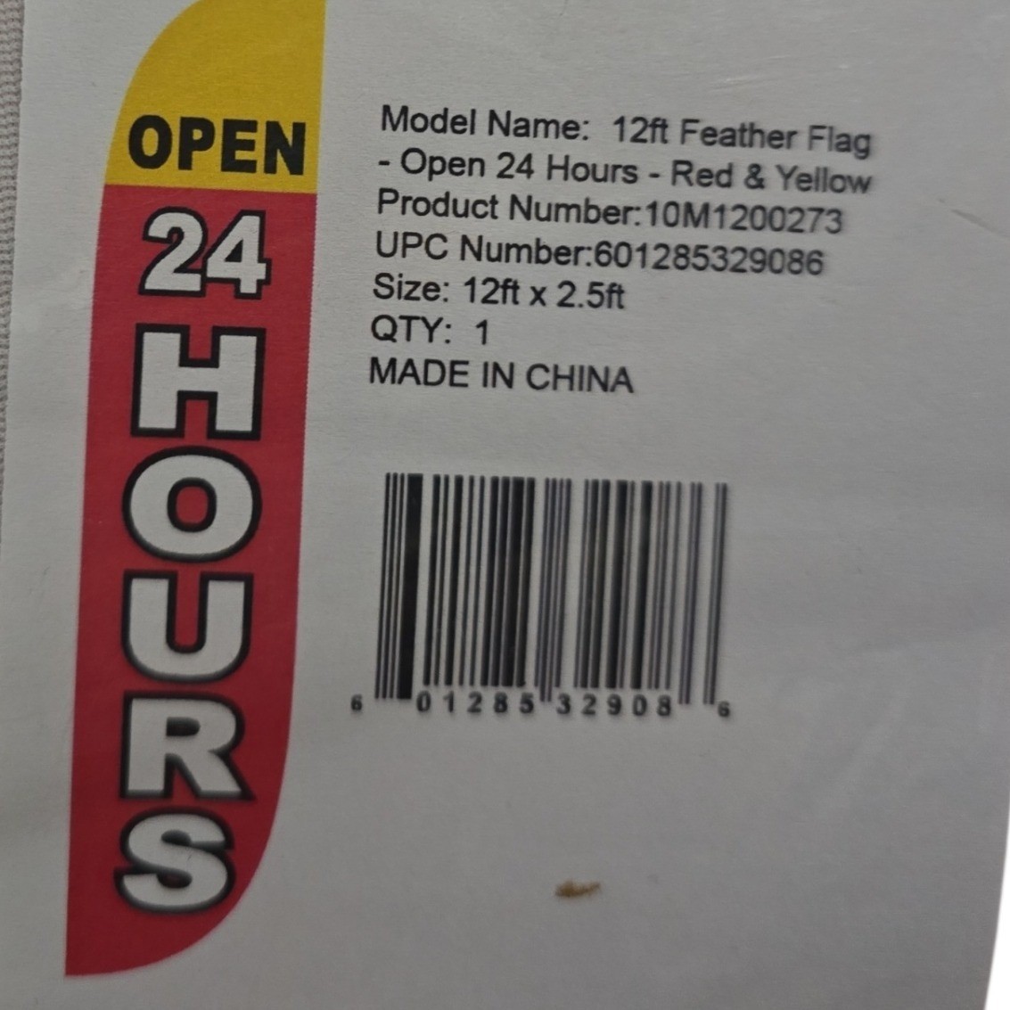 12ft Feather Flag Banner Open 24 Hours – Flag Only / No Poles