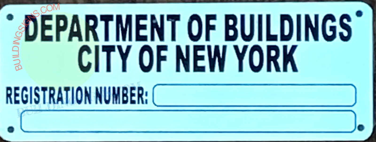 DEPT OF BUILDING REGISTRATION NUMBER SIGN – HPD SIGNS (3.5×8.5, WHITE, ALUMINUM)