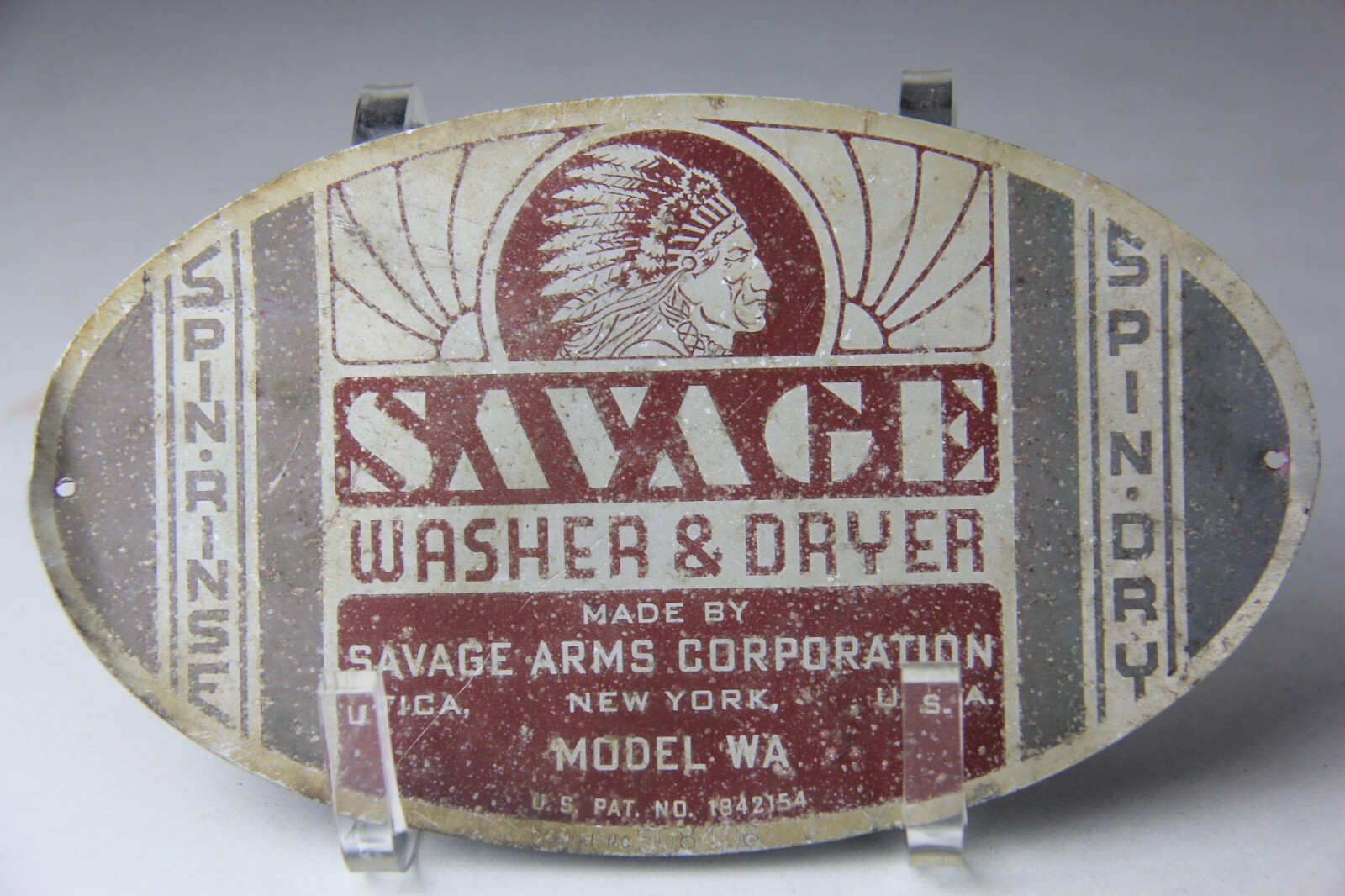 Vintage Savage Arms Corporation Washer and Dryer Oval Metal Plaque New York