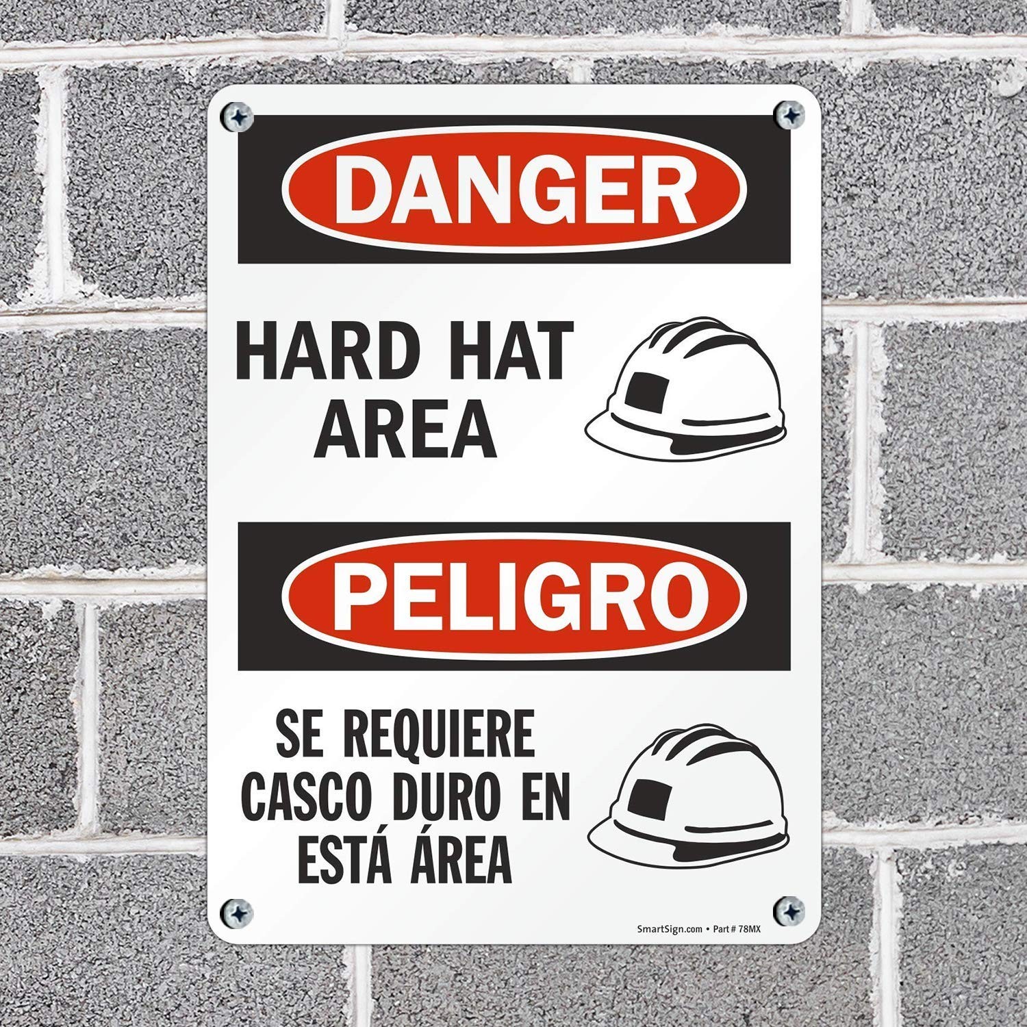 10×14 Inch S2115PL14 Danger Hard Hat Area Bilingual Plastic Warning Sign