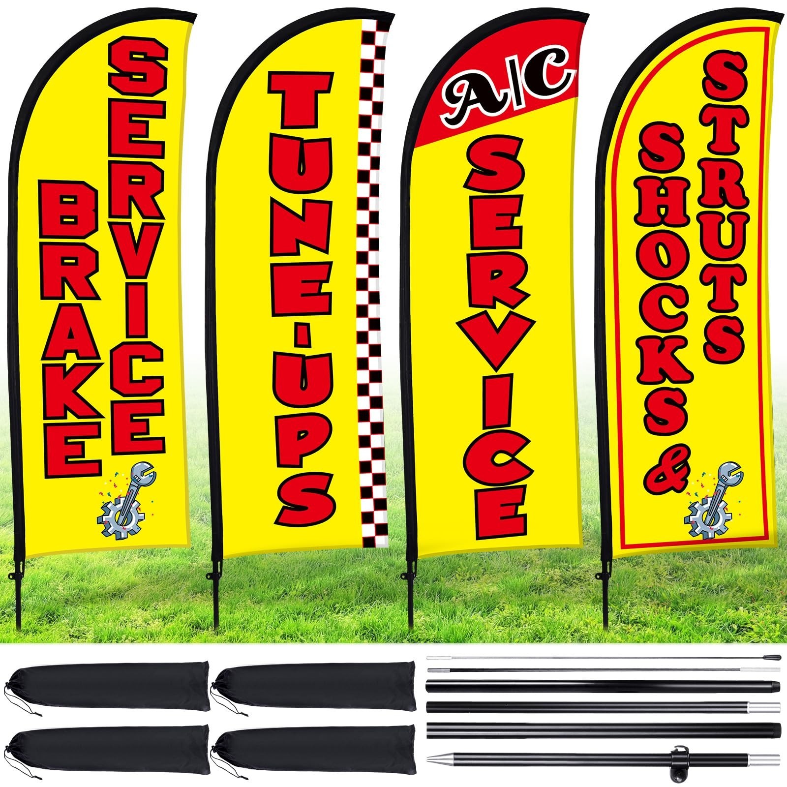 4 Pack Feather Flags for Auto Repair Shop – Portable Flagpole Kit with Ground St