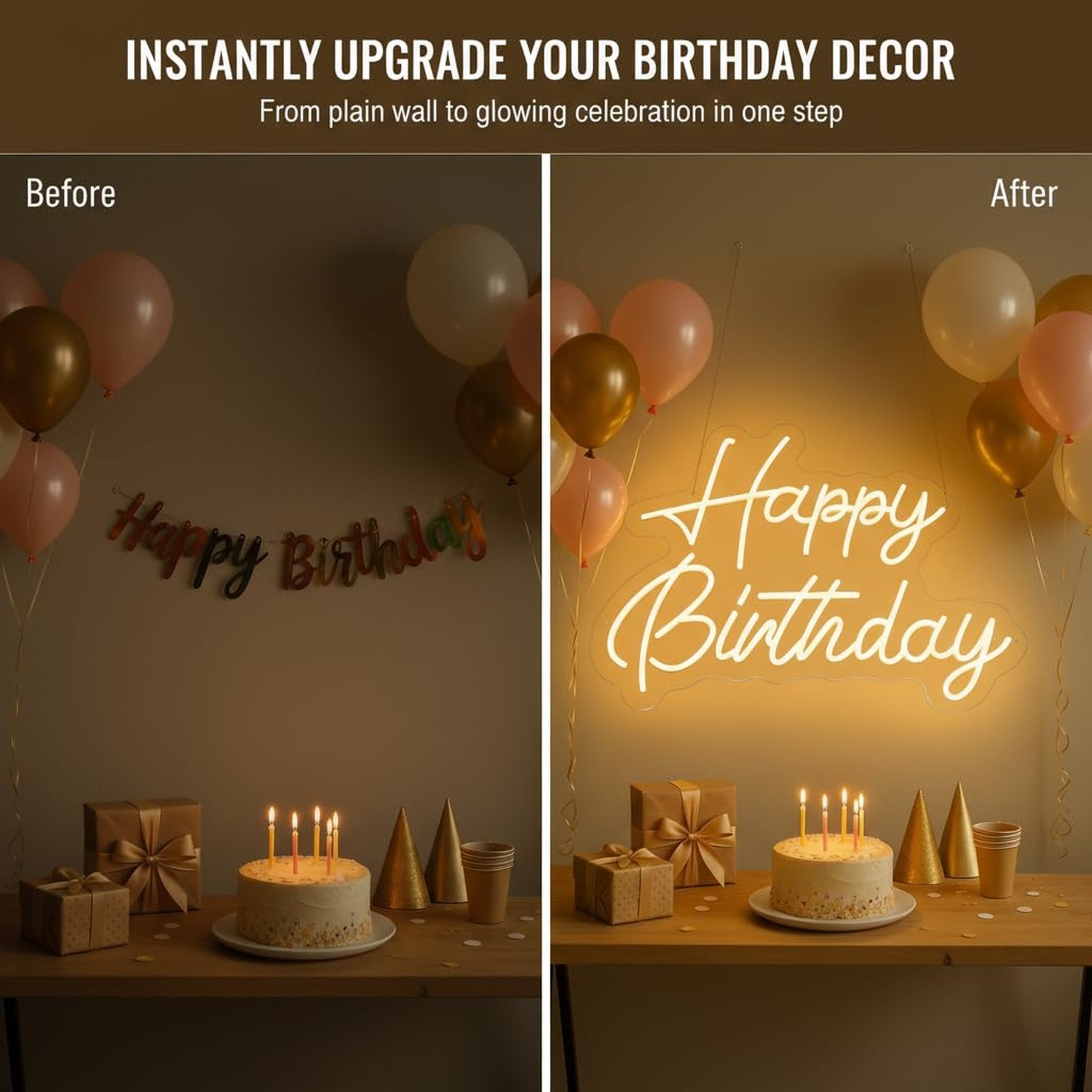 Happy Birthday Neon Sign, 22×16.9 Inch Large Warm White Dimmable LED Light