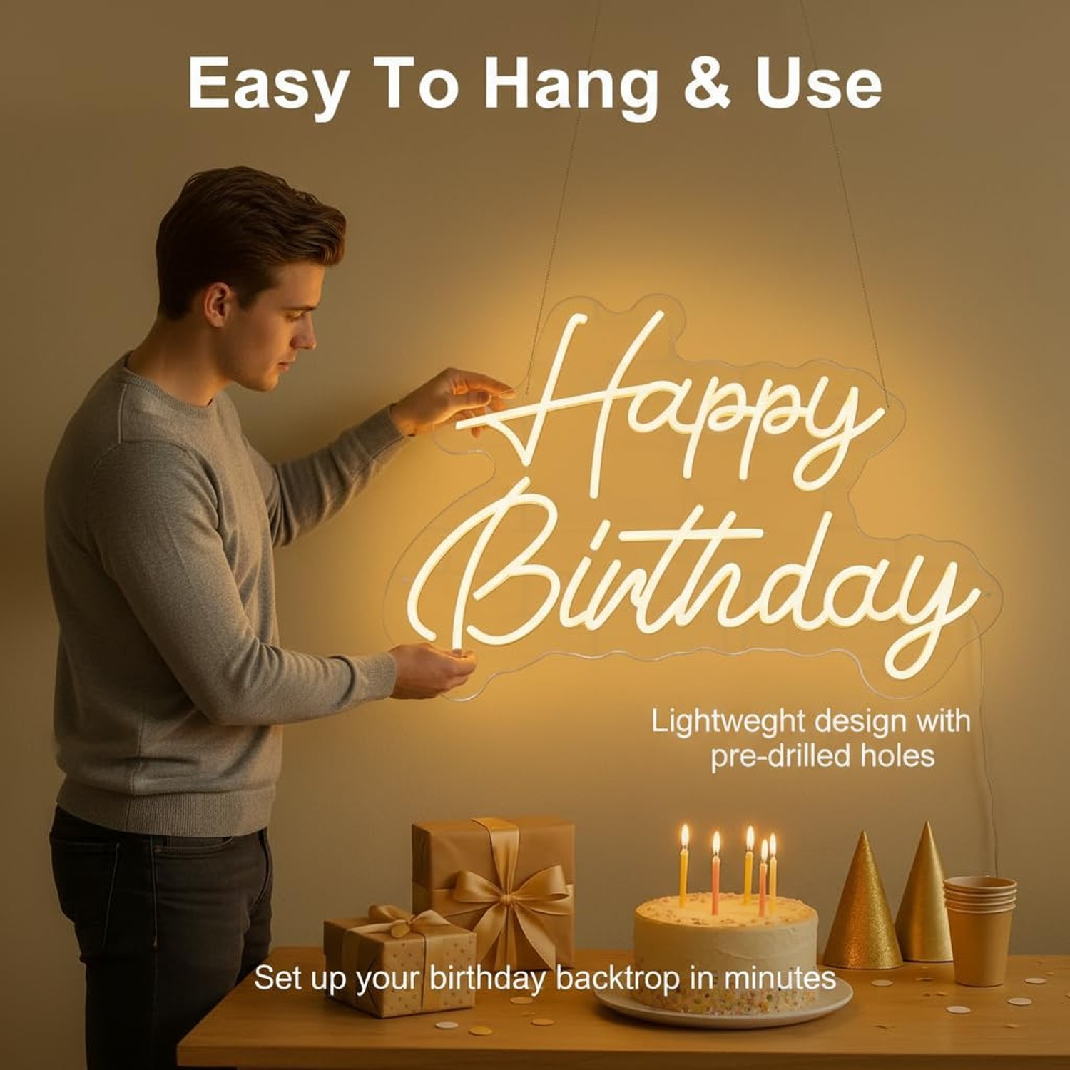 Happy Birthday Neon Sign, 22×16.9 Inch Large Warm White Dimmable LED Light