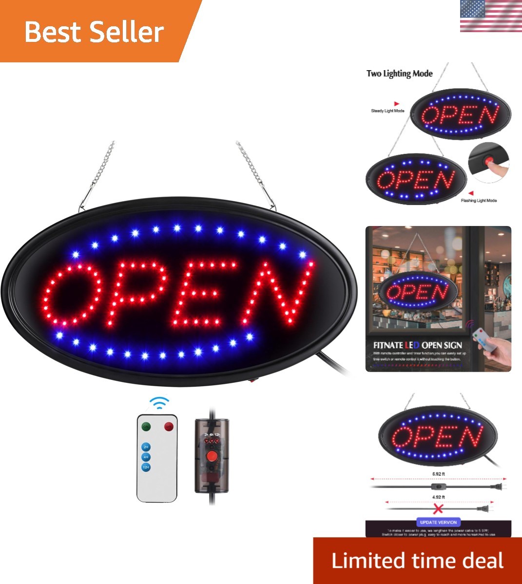 Energy-Efficient LED Open Sign – Flashing & Steady Modes, 19×10 for Bars & Cafes