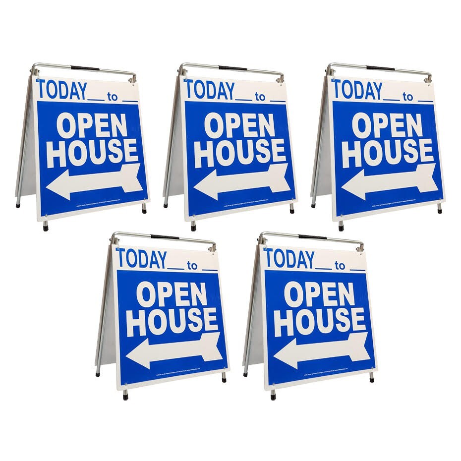 Real Estate Open House Sign Kit Metal A-Frame 5 Pack Blue w/ Today Times