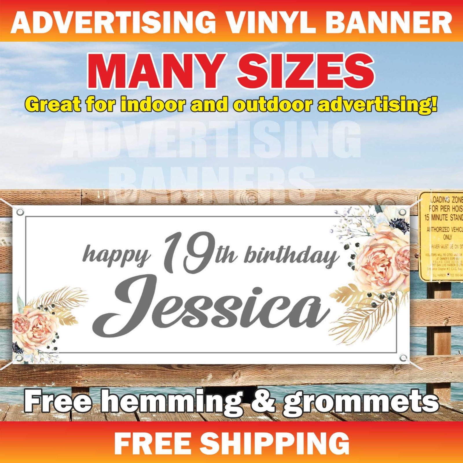 Happy 19th Birthday Advertising Banner Vinyl Sign Custom Name Text Event Holiday