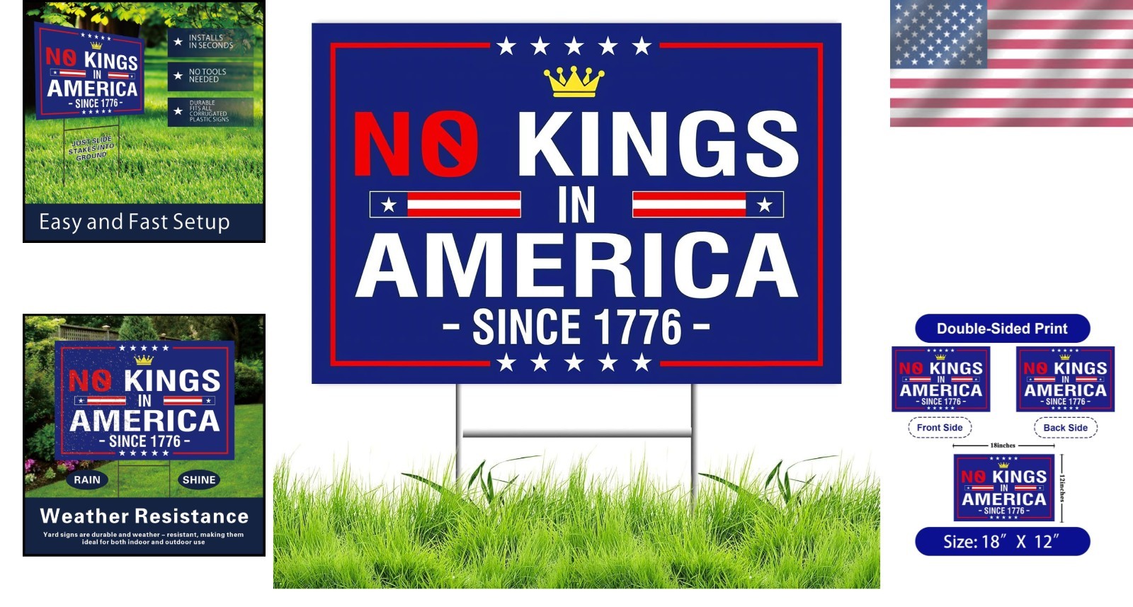 No Kings In America Lawn Sign – Bold Double-Sided Political Statement 18×12