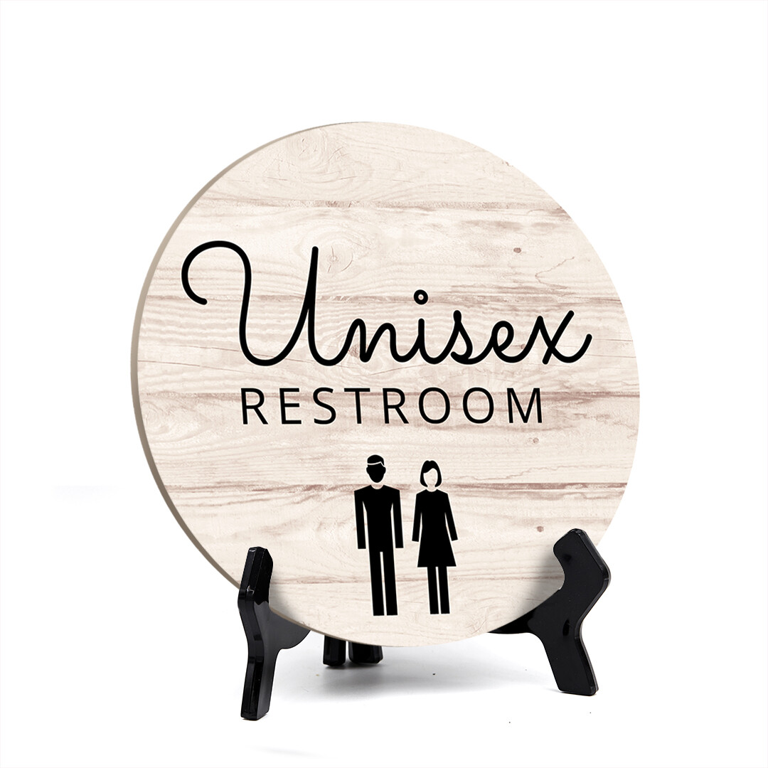 Round Unisex Restroom, Bathroom Table Sign with Acrylic Easel (5 x 5″)