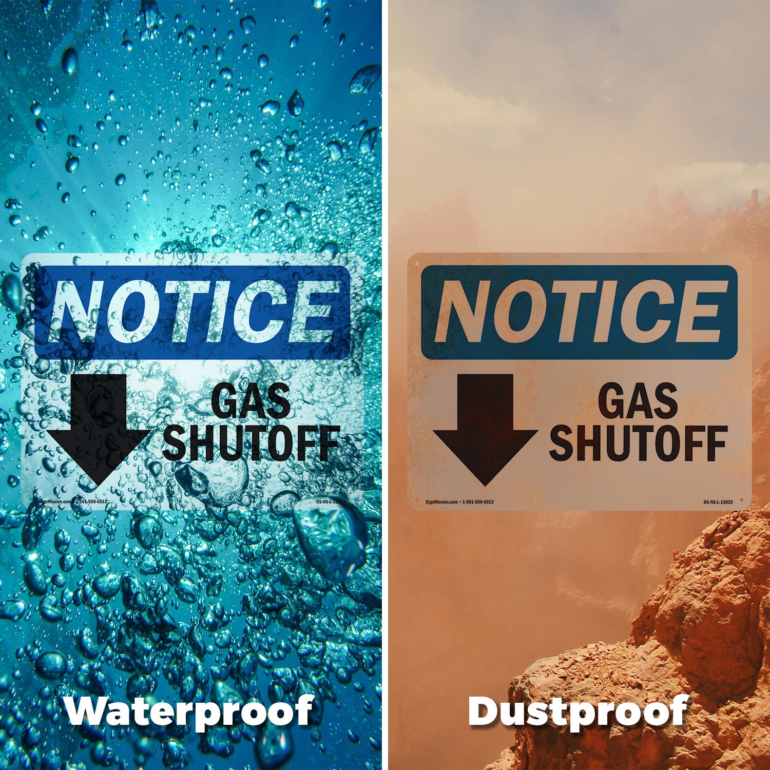 Gas Shutoff [Down Arrow] OSHA Notice Sign Metal, Plastic, Decal – 5 or 10 Pack