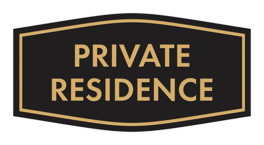 Fancy Private Residence Sign Black/Gold Small Metal Door Wall Mount 1 Pack