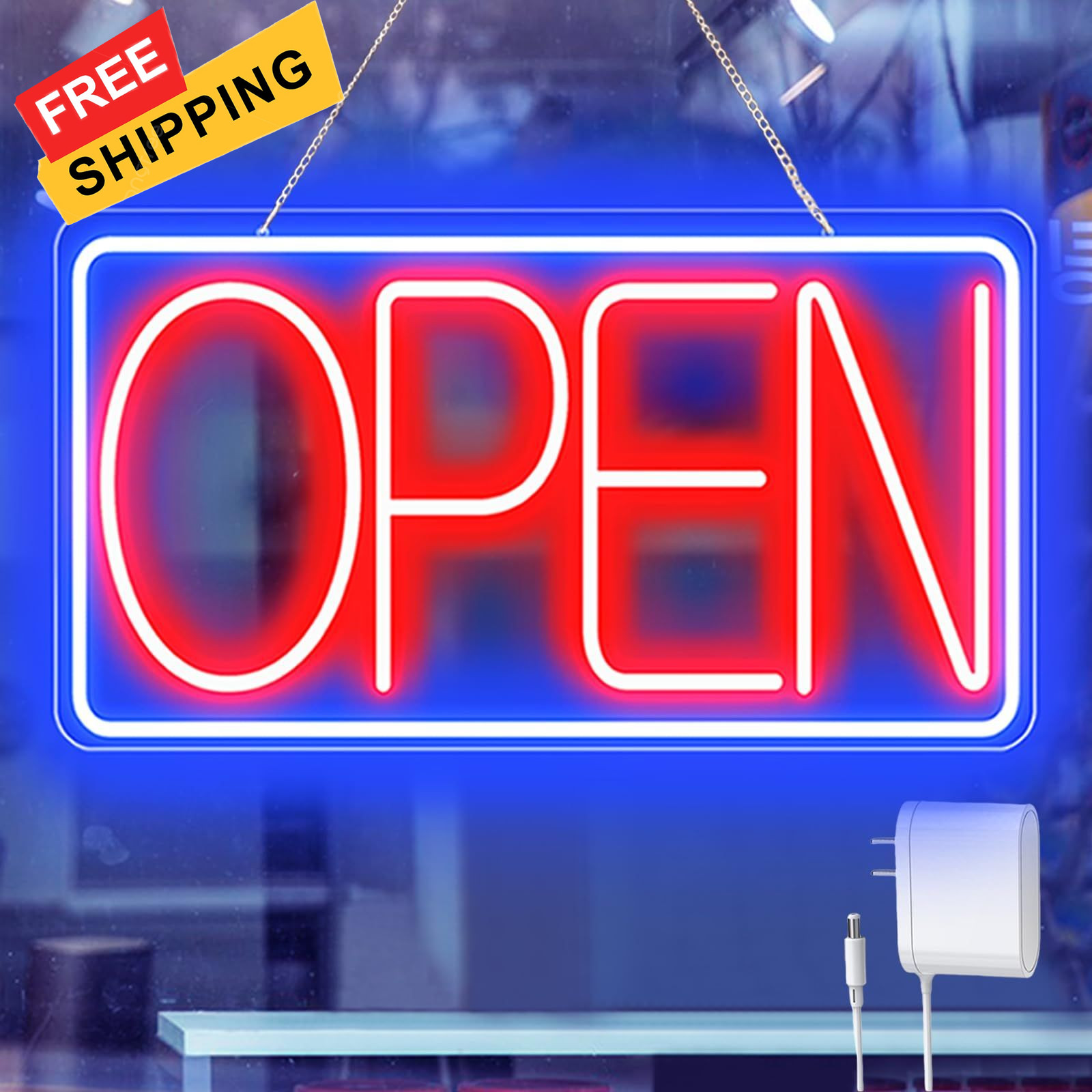 16.5″ X 9″ Led Neon Open 16.5×9 inch with AC Adapter, Blue/Red-Horizontal
