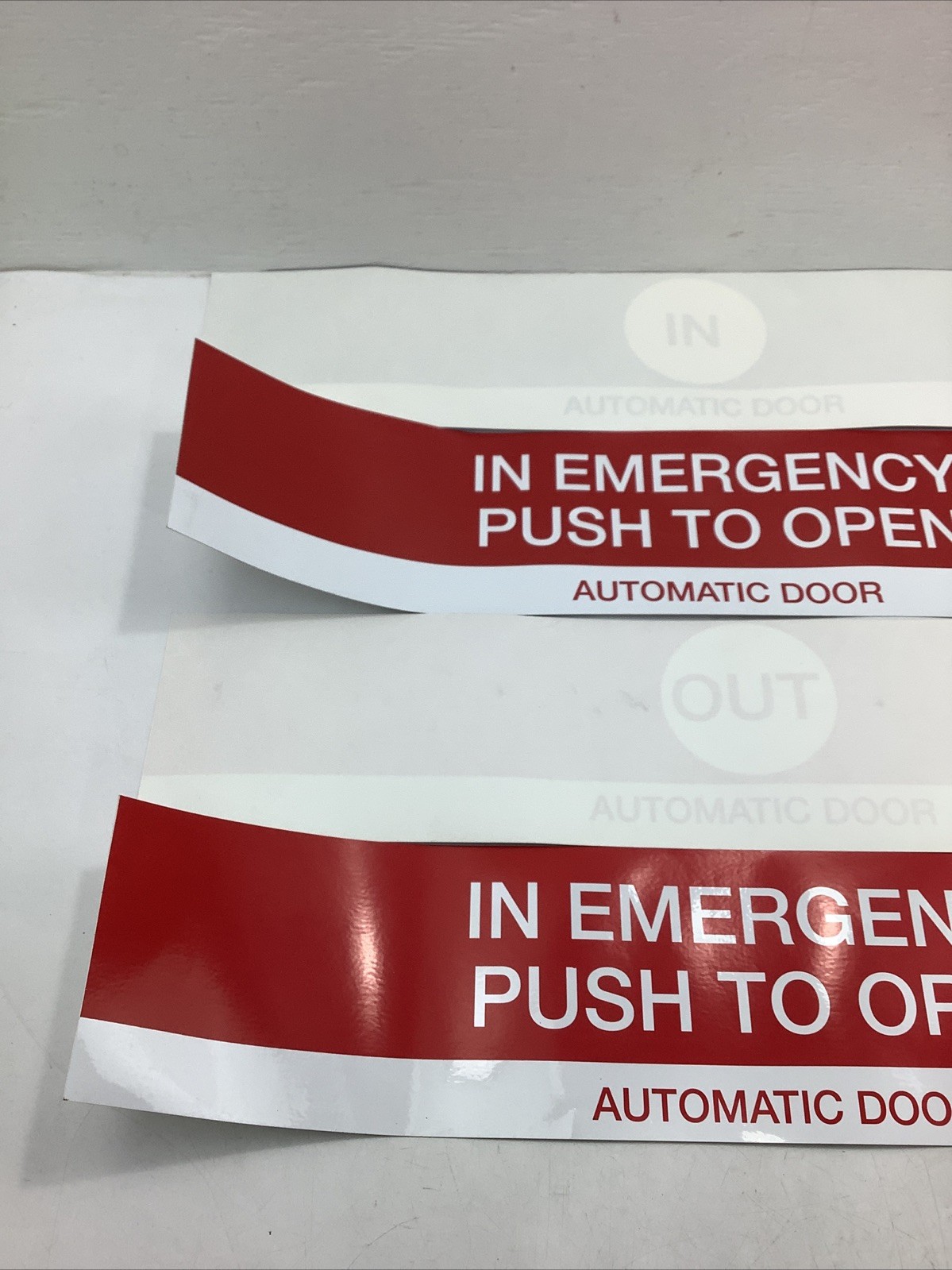 x13 In & Out Decals “IN EMERGENCY PUSH TO OPEN” AUTOMATIC DOOR 27″ x 5-5/8″