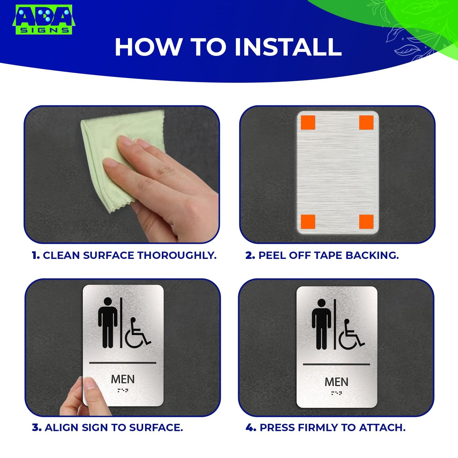 ADASigns Men Restroom Sign 6×9″ Brushed Alum Man/Wheelchair Symbol Braille