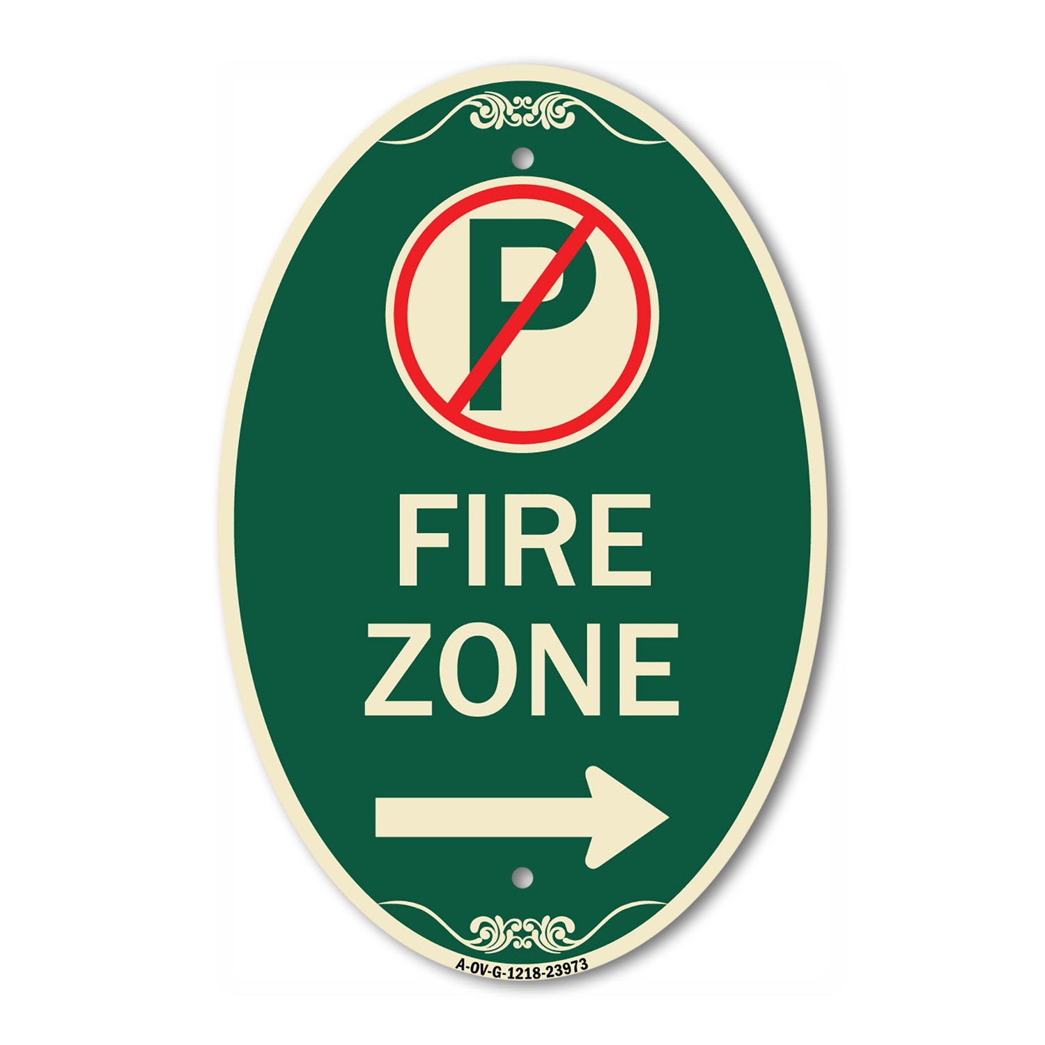 Fire Zone (No Parking Symbol and Right Arrow) 12″ x 18″ Green Aluminum Oval Sign