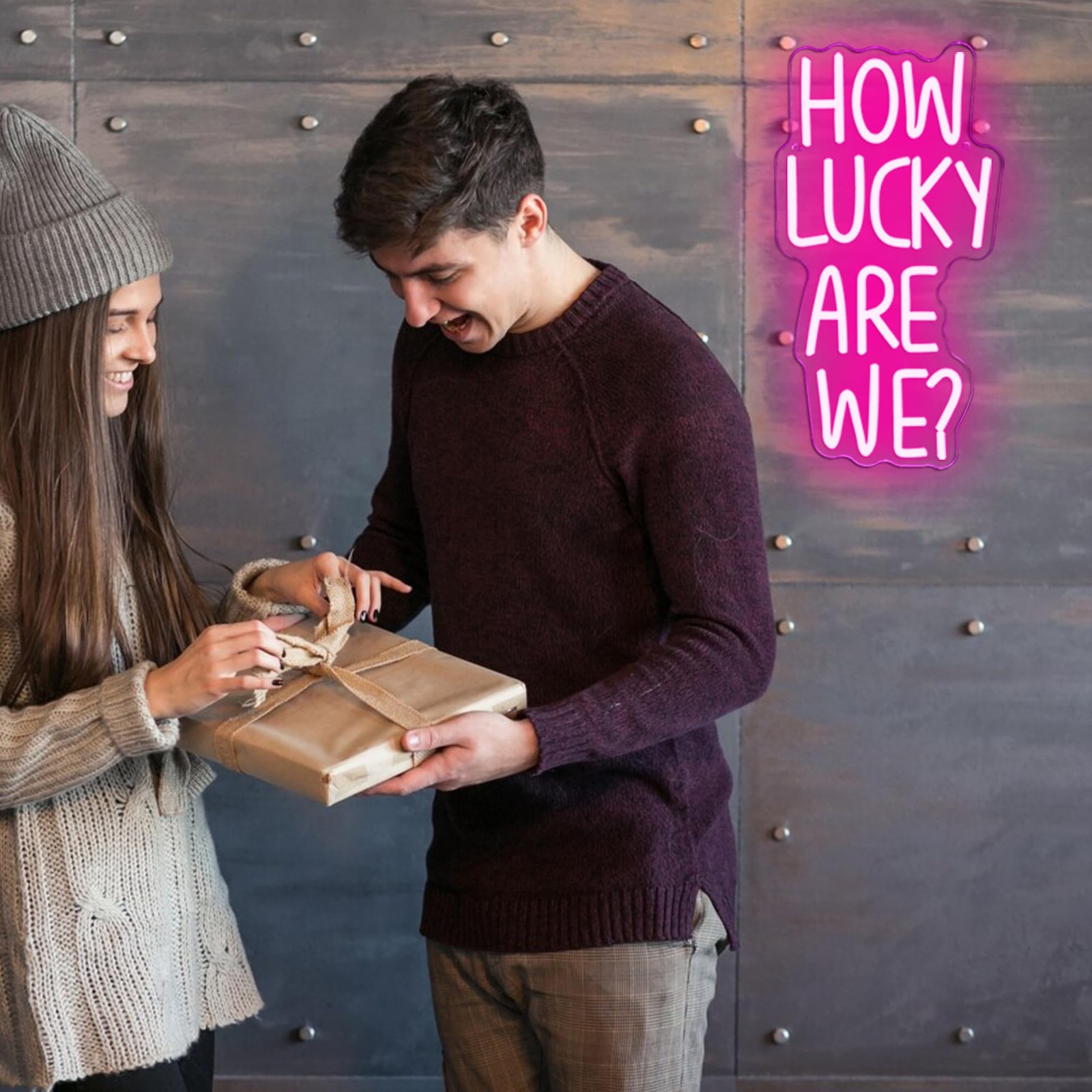 How Lucky Are We Neon Sign, Romantic Quote Pink Anniversary Quote Neon Sign L…
