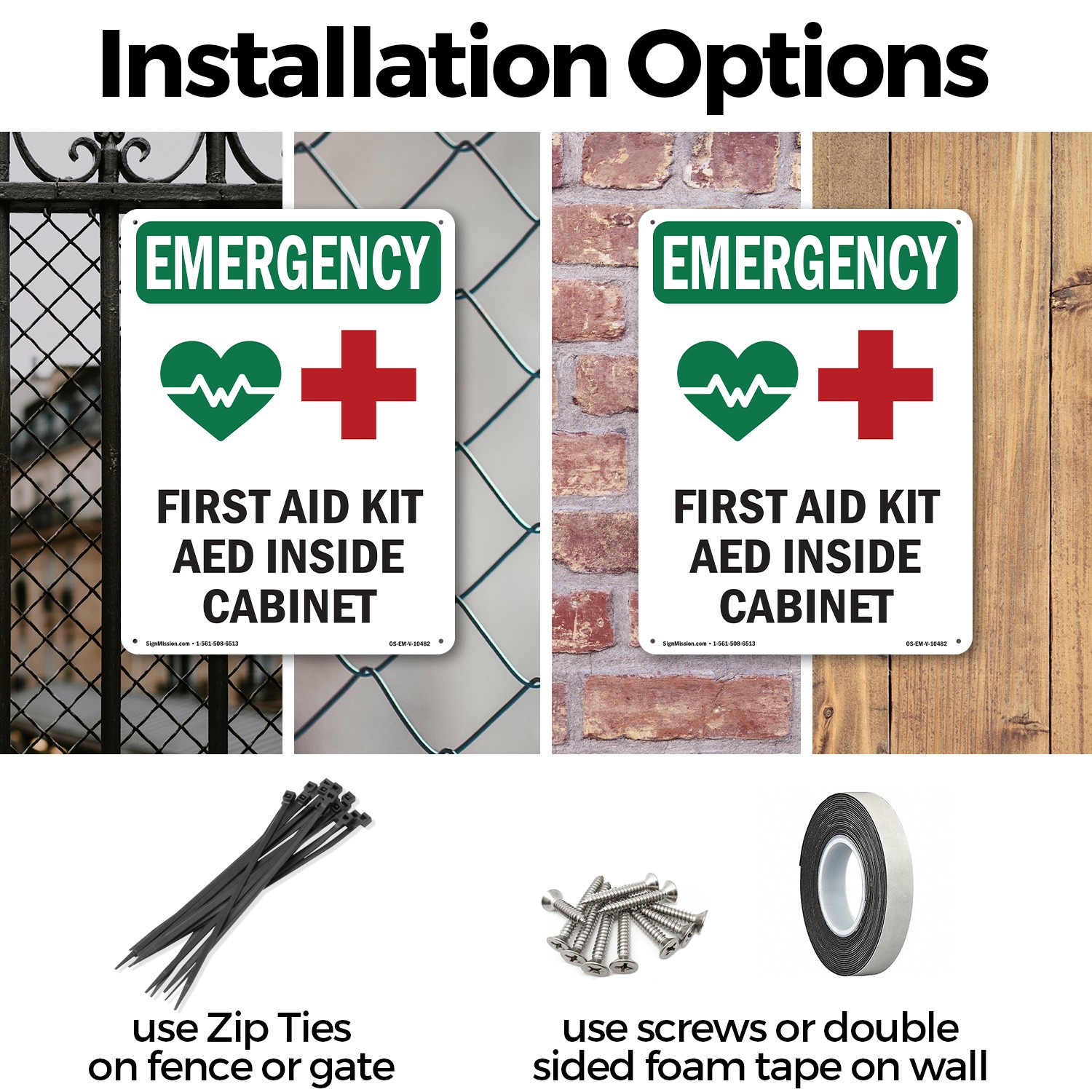 First Aid Kit AED With Symbol OSHA Emergency Sign Metal, Decal – 5 or 10 Pack