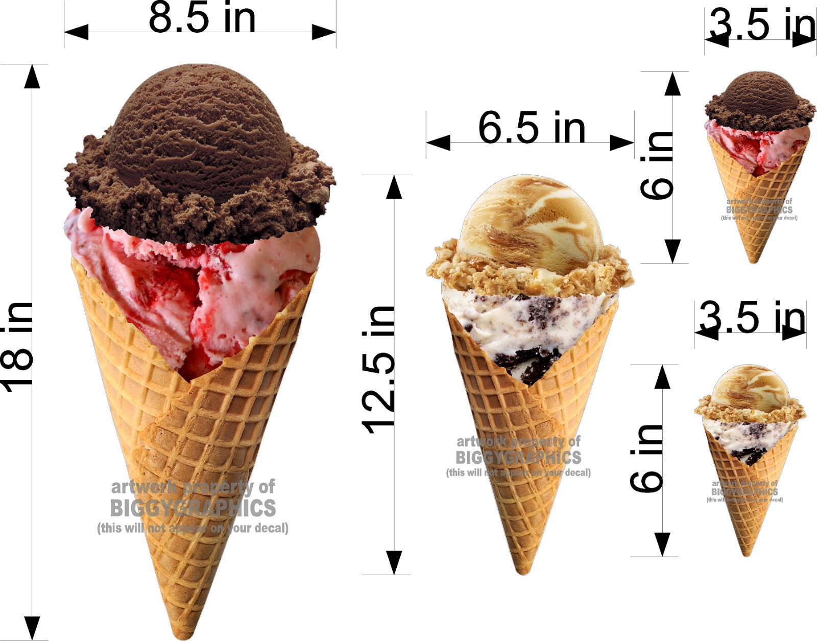 LOT OF 4 WAFFLE CONE ICE CREAM DECALS NEW GRAPHICS ASSORTED SIZES