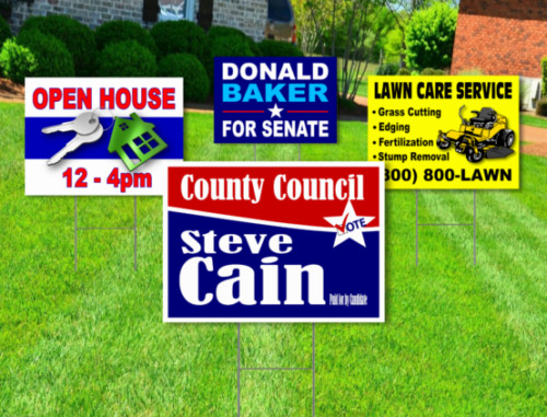 5 Pack – Custom Yard Signs-18×24-Full Color Design-Double Sided-Stakes Optional