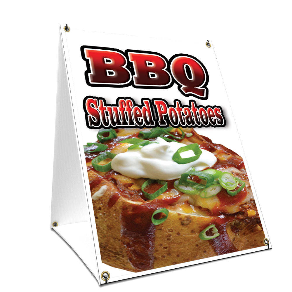 A-frame Sidewalk Barbecue Stuffed Potatoes Sign With Graphics On Each Side