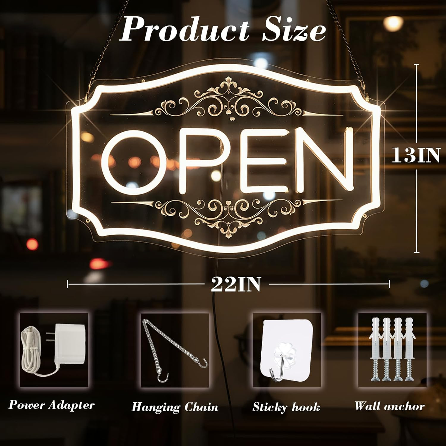 Dimmable 22″ LED Neon Open Sign – Warm White for Storefronts & Windows