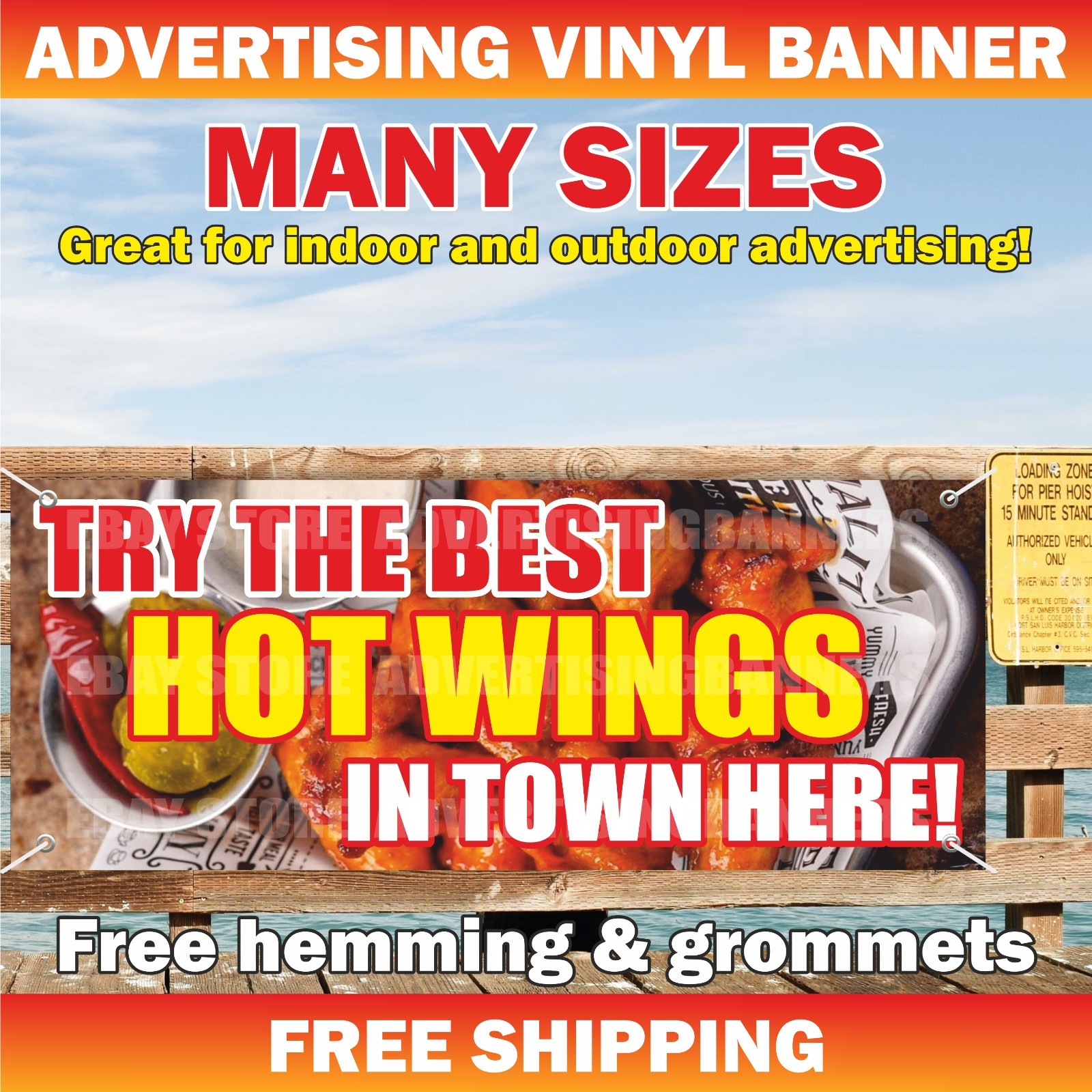 HOT WINGS Advertising Banner Vinyl Mesh Sign TRY THE BEST IN TOWN HERE BBQ