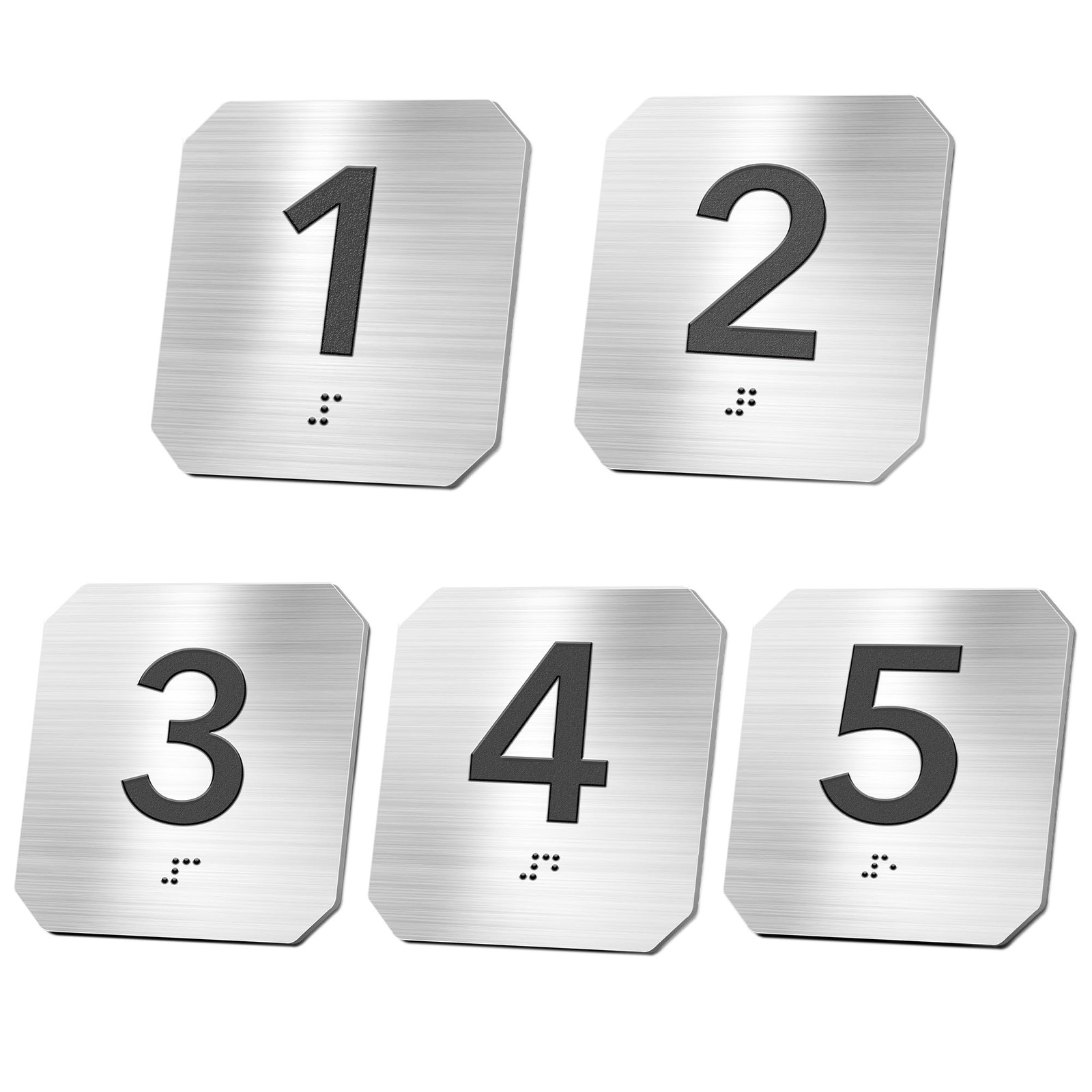 5 PCS ADA Braille Room Number Signs 15 Clipped Corner Silver Office
