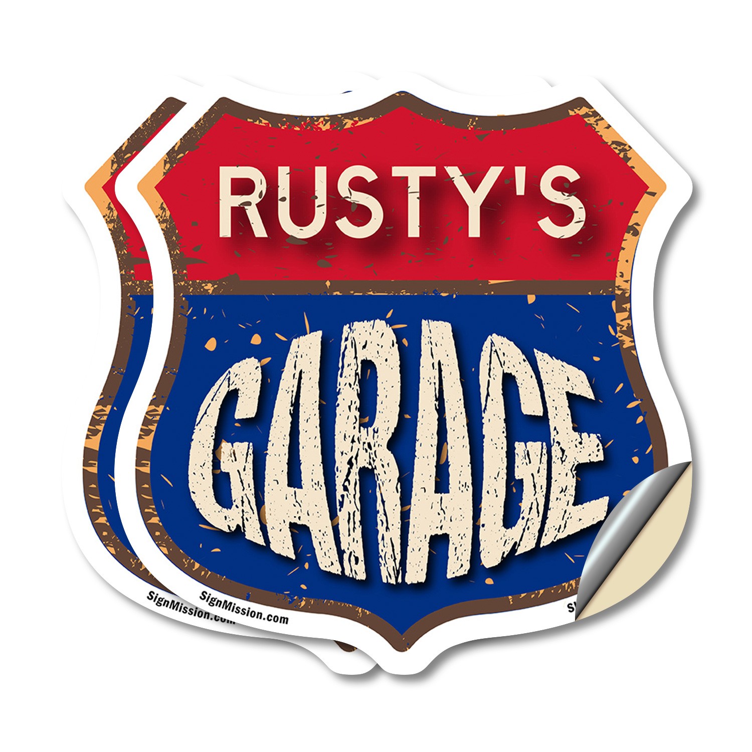 Rusty’s Garage Shield Shaped Sign Weather Resistant Crafted in the USA