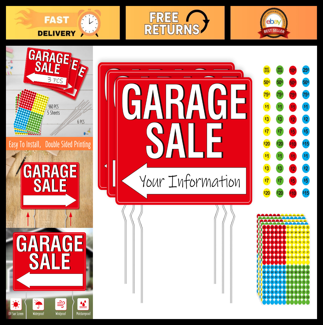 3PCS Double-Sided Garage Sale Signs with 6 Stakes & 960 Price Labels, Neon Color